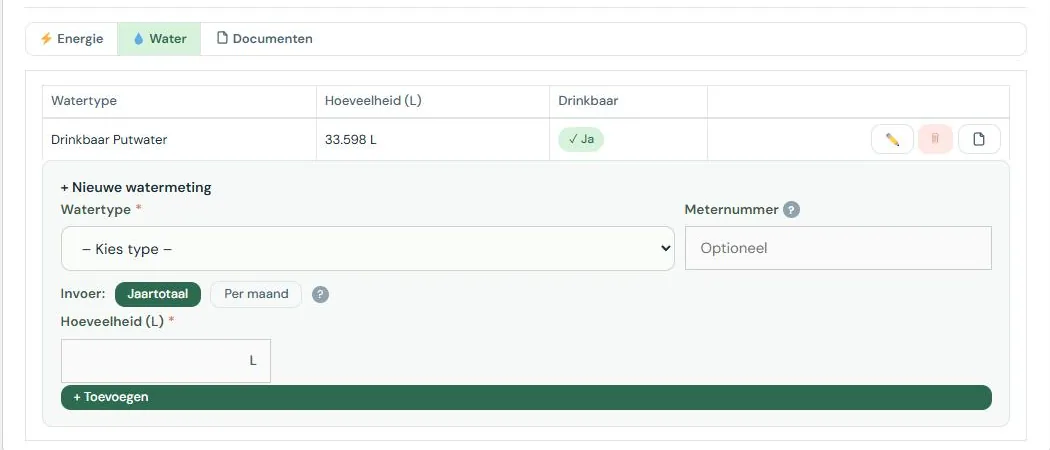Het tabblad Water met de kolom Drinkbaar en het formulier voor een nieuwe watermeting