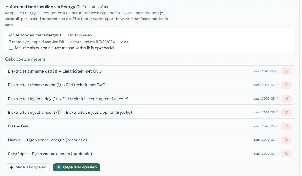 Het EnergyID-blok met de verbindingsstatus en de lijst gekoppelde meters