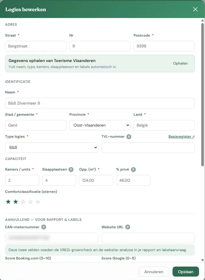 Het formulier met adres, identificatie, capaciteit en aanvullende velden