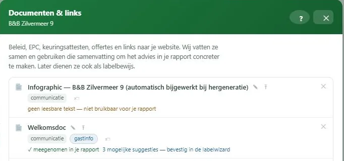 De documentenfiche met per document de tags en de status van de analyse