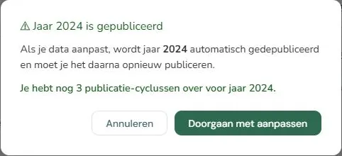 Waarschuwing dat het jaar gedepubliceerd wordt bij een wijziging, met het aantal resterende publicatiecycli
