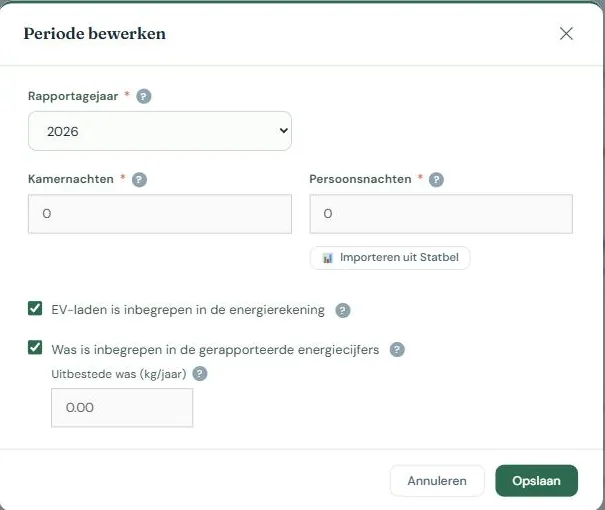 Het venster Periode bewerken met kamernachten, persoonsnachten en de knop Importeren uit Statbel